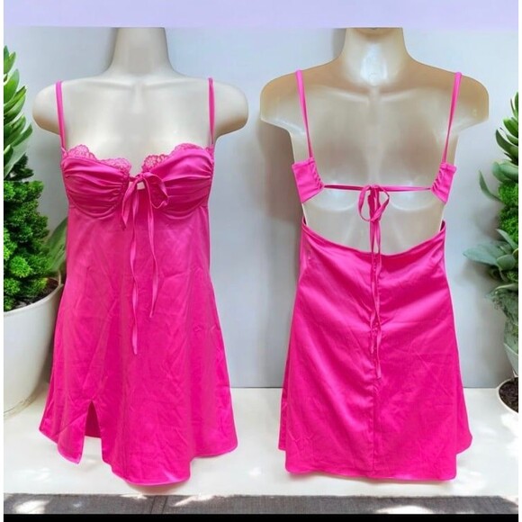 Hot Pink Satin Lace Slip Mini Dress NWT Size Small Ruched Spaghetti Strap Party - Picture 1 of 16